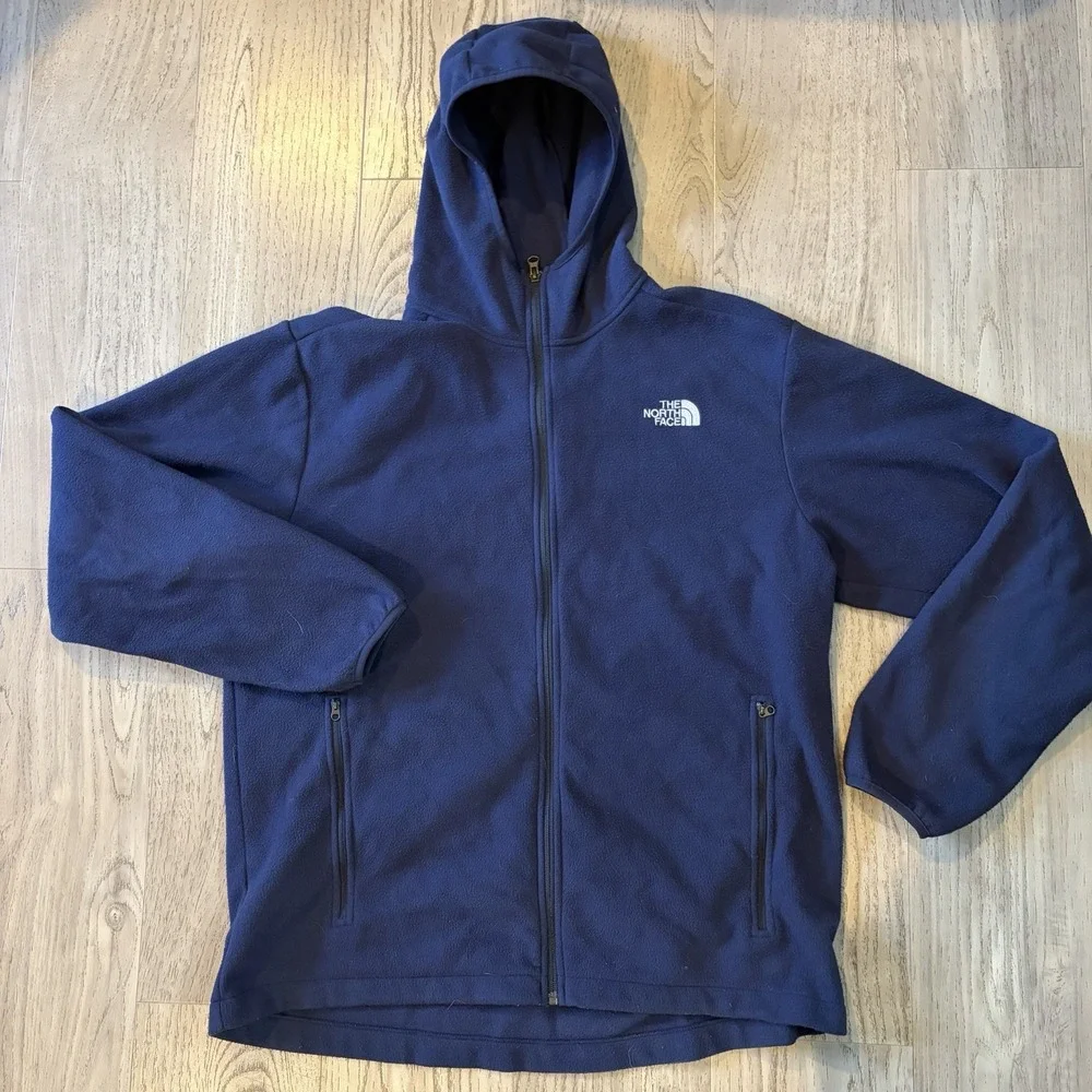 The North Face Men's Long Sleeve Full Zip Fleece Jacket XL Blue Zip Pockets Hood
